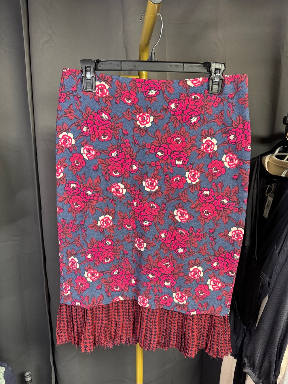 Maeve Pink Floral Knit Pencil Skirt with Fringe Hem